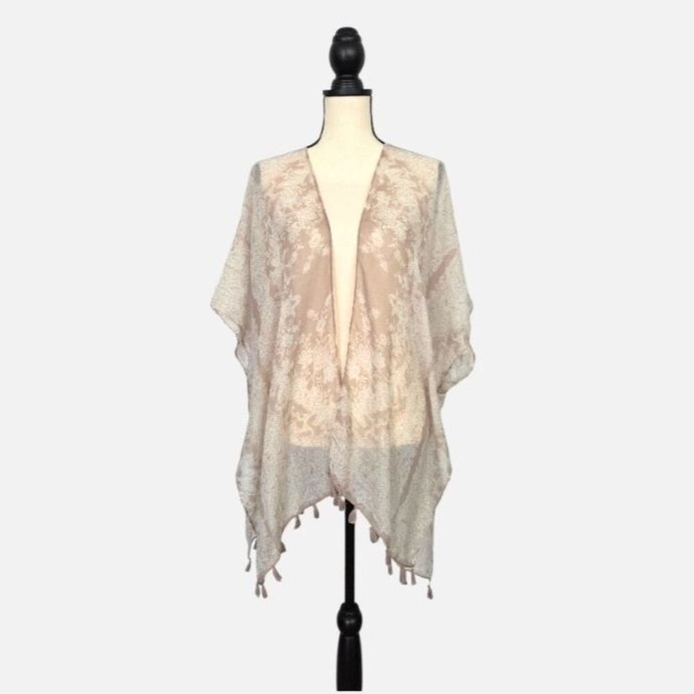 Landry Semi-Sheer Kimono Cover-Up Tassel Trim One Size NWT Taupe